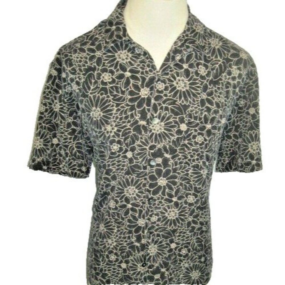 Mens Bass Black Silk Floral Aloha Island Hawaiian SS Casual Shirt sz L